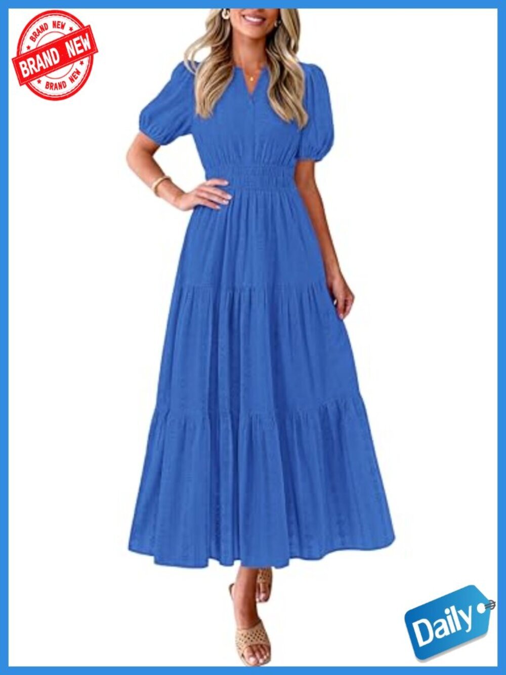 Women's Summer Maxi Dress with Puff Sleeve V Neck Smocked Flowy Eyelet Cotton